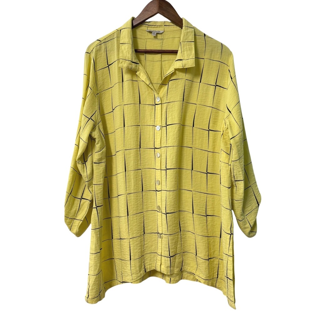 John Mark Button Up Tunic Top Shirt Womens XL Yellow Grid Roll Tab Sleeve